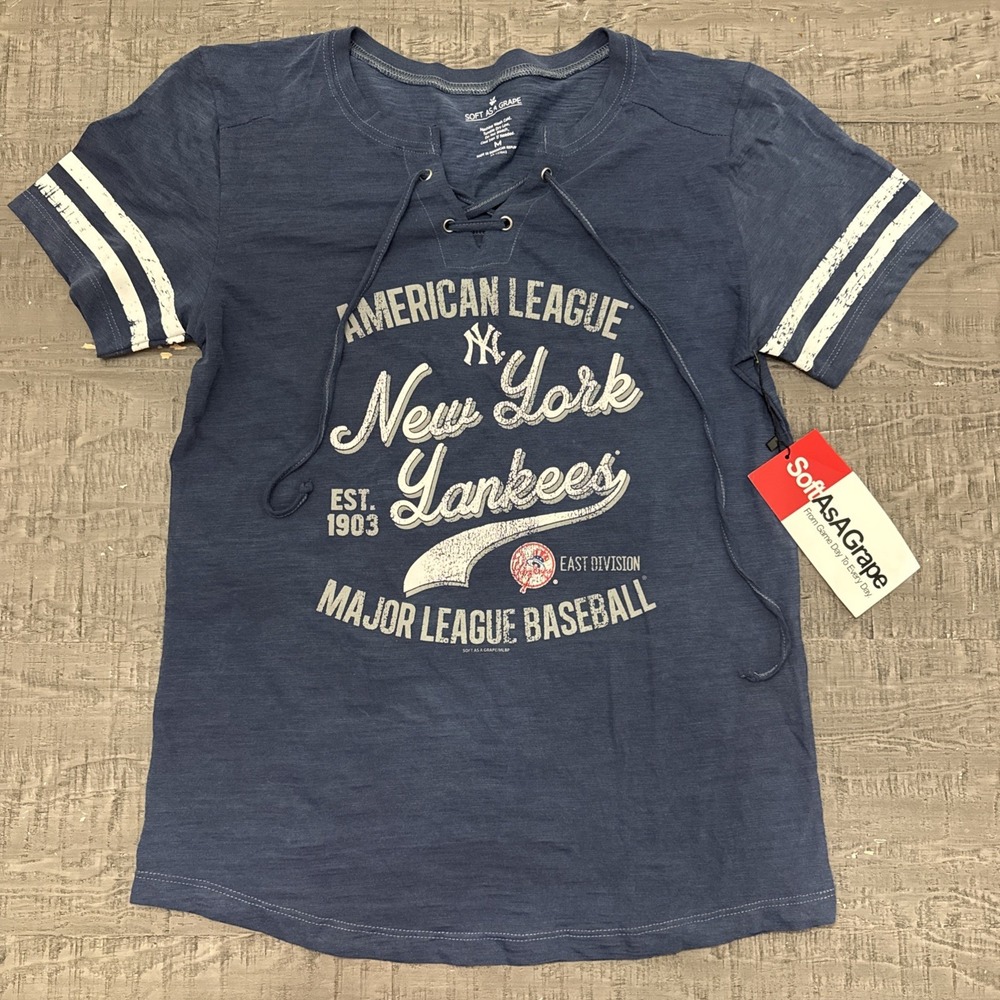 New York Yankees Women's Medium Lace Up Tee NWT Soft As A Grape MLB  Blue White